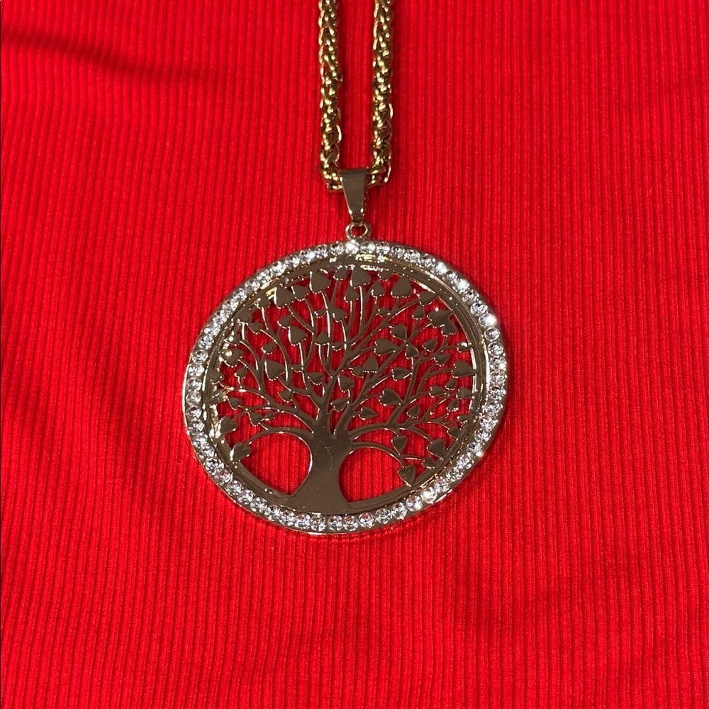 Elegant Gold Tree of Life Pendant Necklace with clear crystal accents. EUC